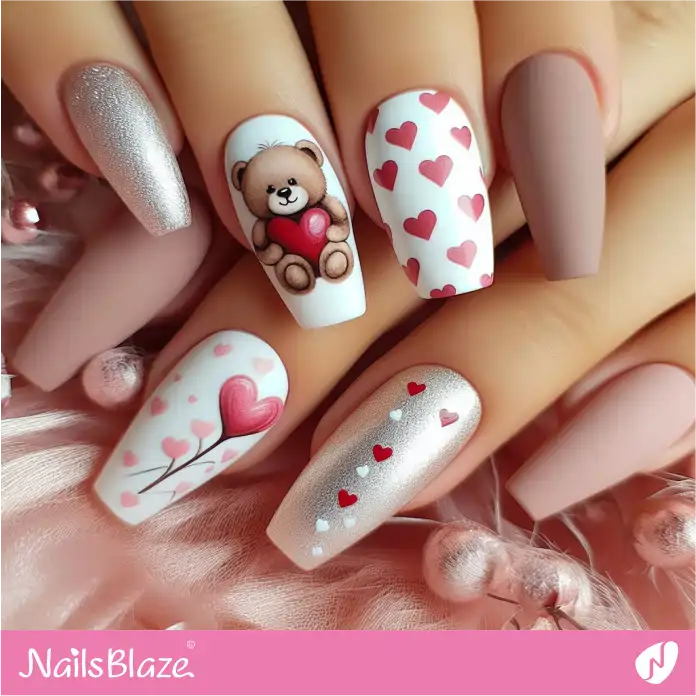 Matte Nude and White Nails with Hearts and Teddy Design | Valentine Nails - NB2416